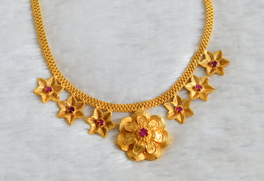 Matte gold tone kerala style ruby flower necklace dj-49882