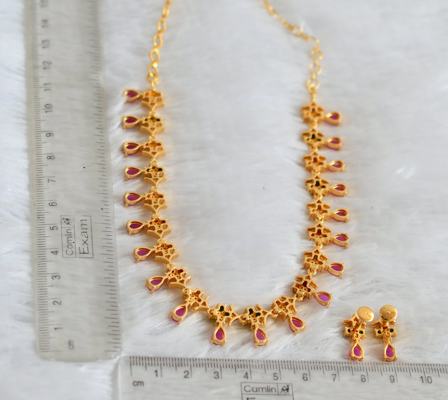 Gold tone ruby navarathna stone flower necklace set dj-49871