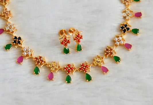 Gold tone ruby-green navarathna flower necklace set dj-49870