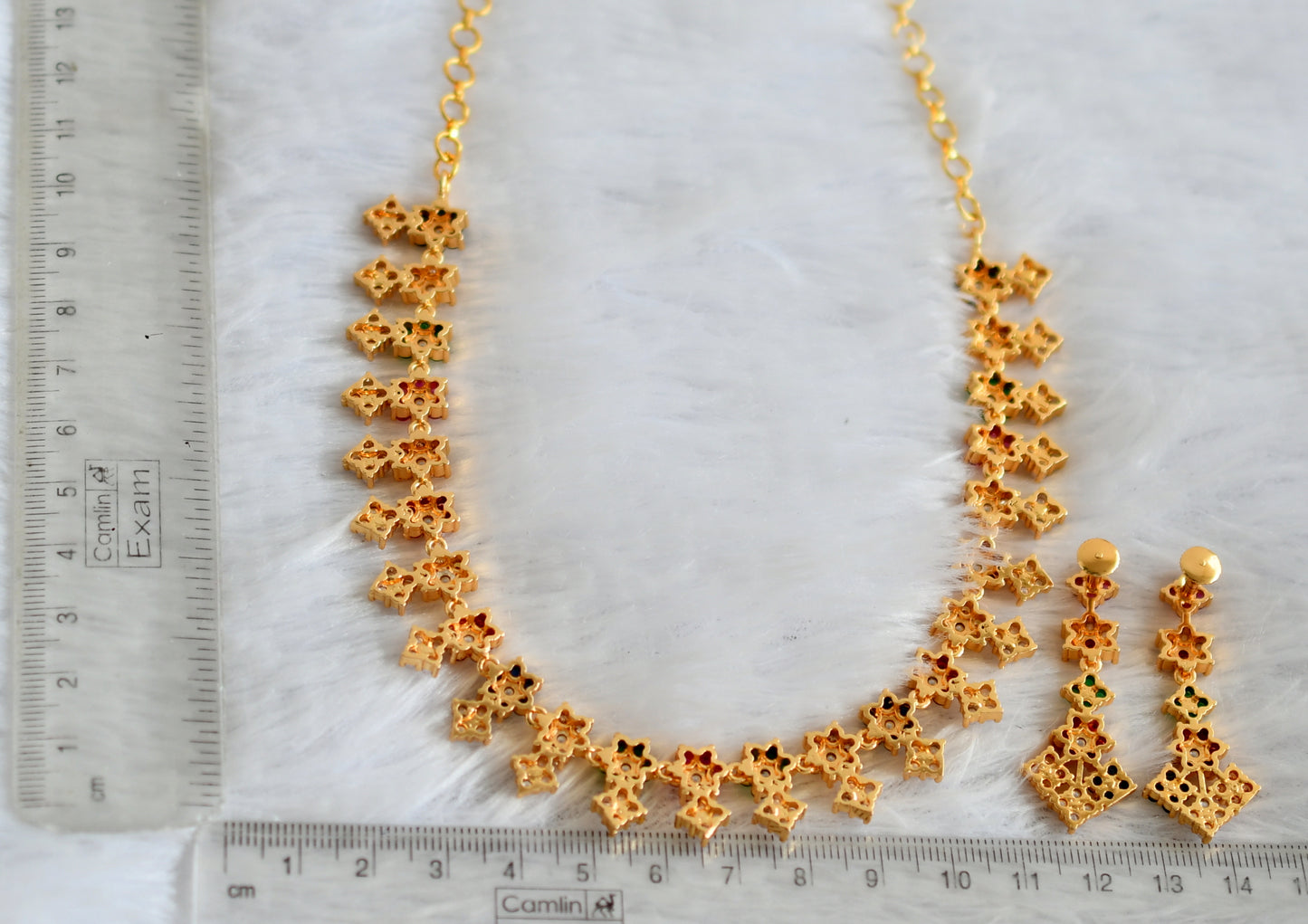 Gold tone navarathna stone flower necklace set dj-49869