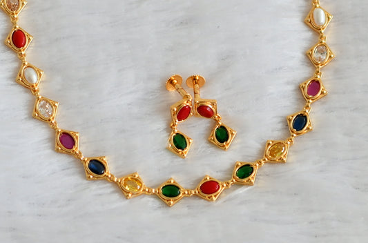 Gold tone navarathna oval stone necklace set dj-49874
