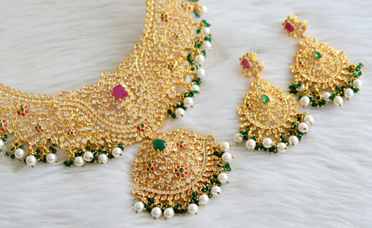 Gold tone cz ruby-green big designer necklace set dj-34562