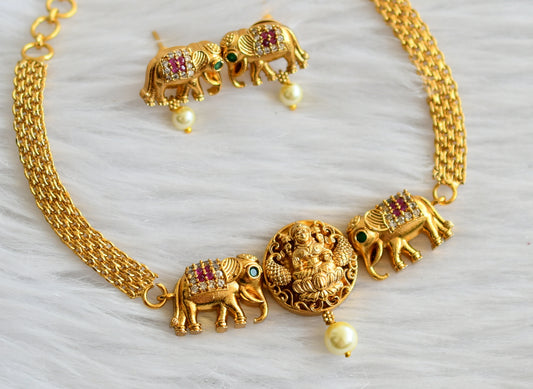 Matte finish ruby-green-white lakshmi-peacock-elephant choker necklace set dj-44561