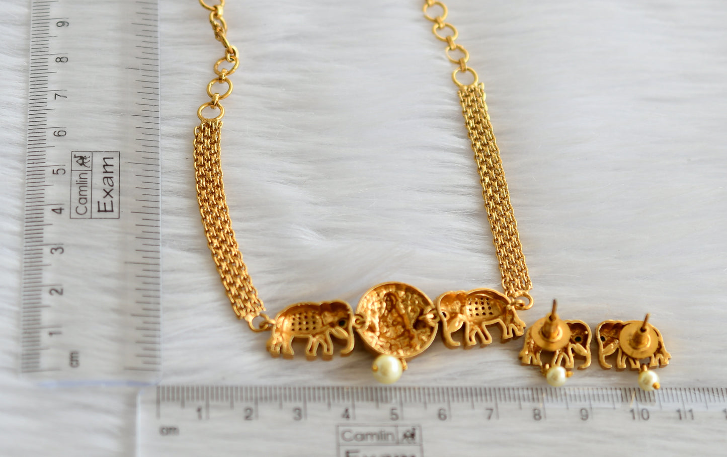 Matte finish ruby-green-white lakshmi-peacock-elephant choker necklace set dj-44561