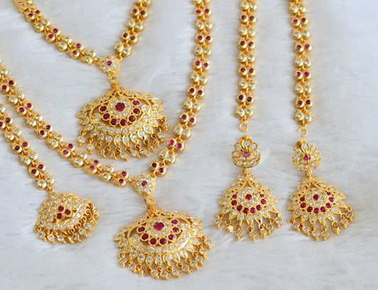 Gold tone ad pink-white stone south indian style semi bridal combo set dj-49894