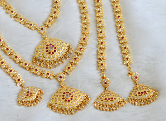 Gold tone ad pink-white stone south indian style semi bridal combo set dj-49891