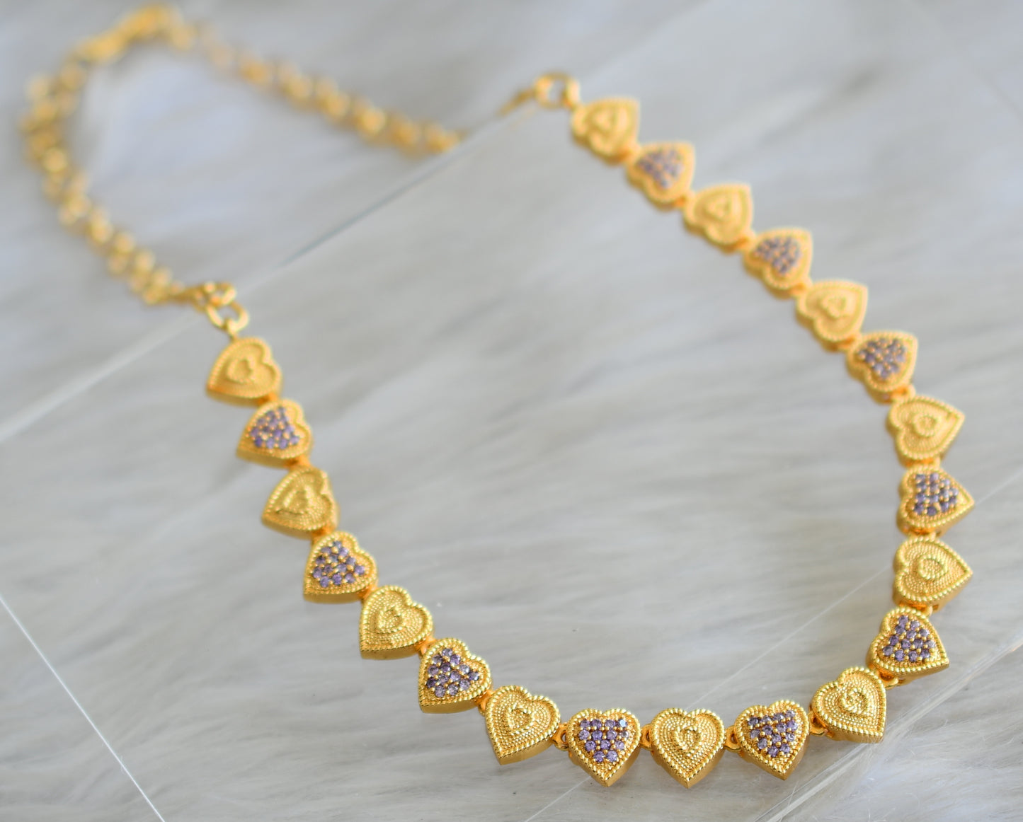 Gold tone cz purple heart necklace set dj-43088
