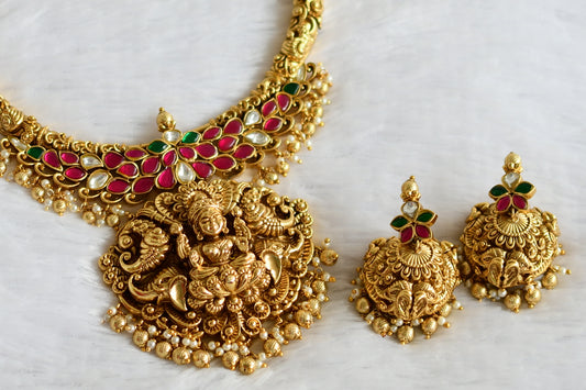 Antique gold tone pink-green kundan jadau lakshmi peacock elephant necklace set dj-49906
