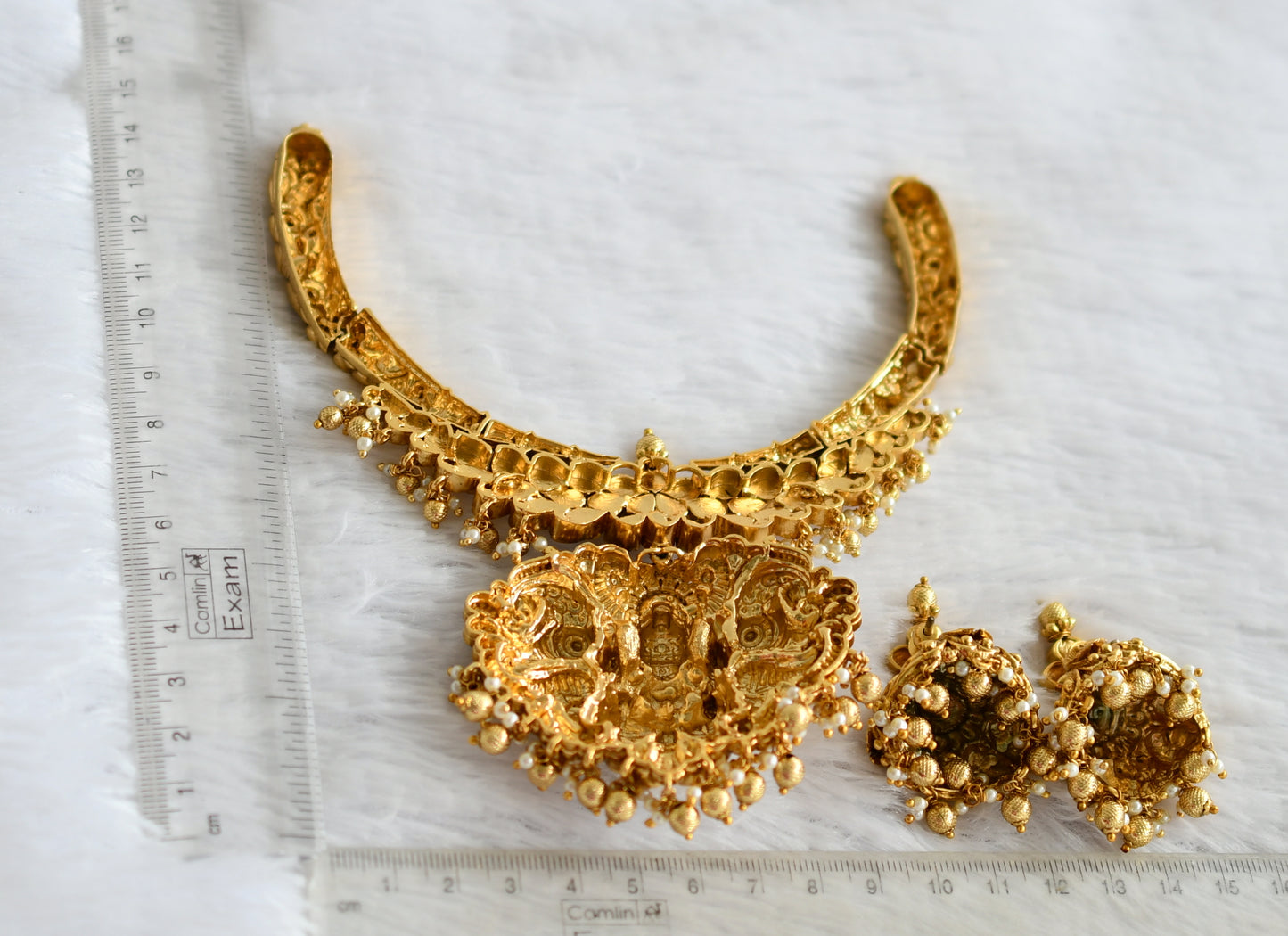 Antique gold tone pink-green kundan jadau lakshmi peacock elephant necklace set dj-49906