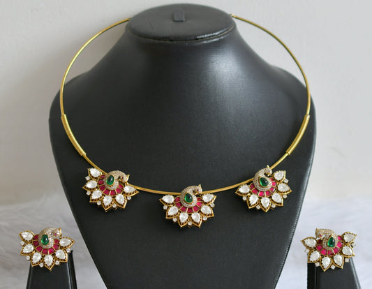 Antique gold tone pink-green-white jadau peacock kanti necklace set dj-49910