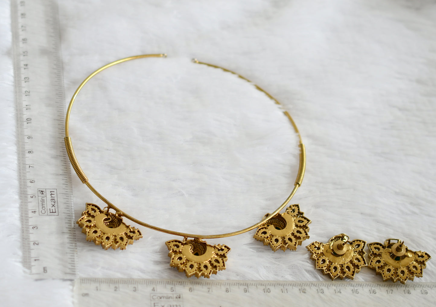 Antique gold tone pink-green-white jadau peacock kanti necklace set dj-49910