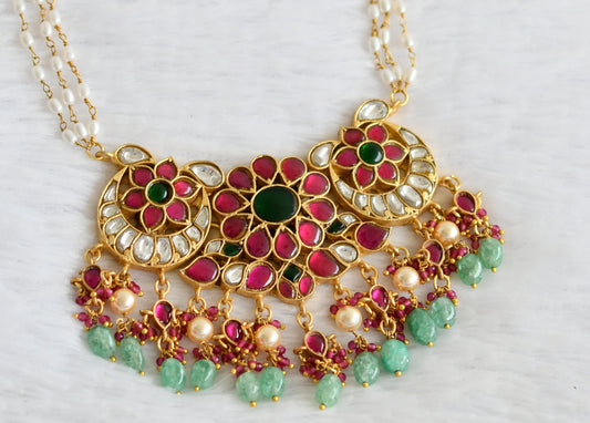 Gold tone pink-green-white rice pearl pink-sea green beaded flower choker necklace dj-49899