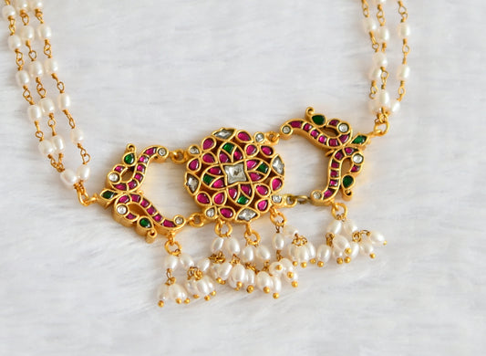 Gold tone pink-green-white rice pearl kundan jadau peacock choker necklace dj-49895