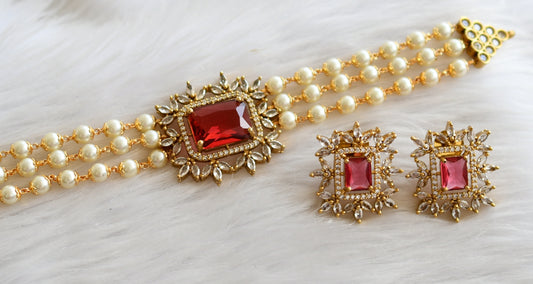 Matte finish magenta pink-white block stone pearl victorian choker set dj-44565