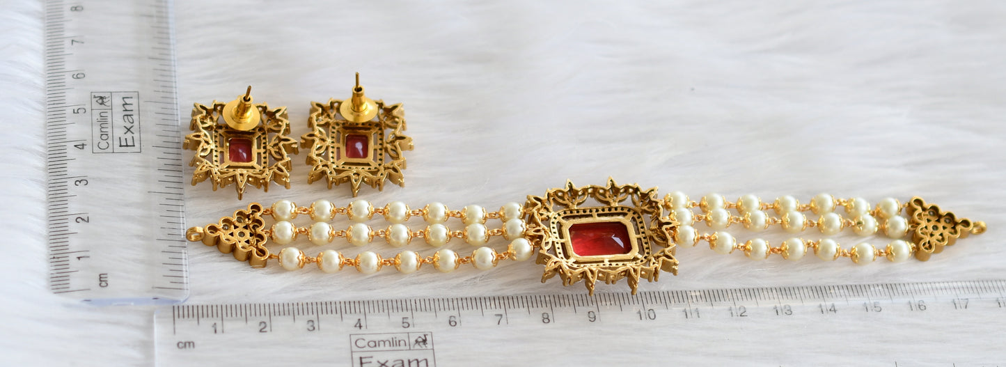 Matte finish magenta pink-white block stone pearl victorian choker set dj-44565