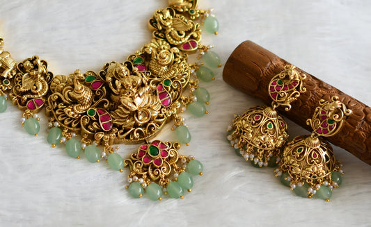 Antique gold tone pink-green kundan jadau sea green beaded lakshmi peacock elephant necklace set dj-49907