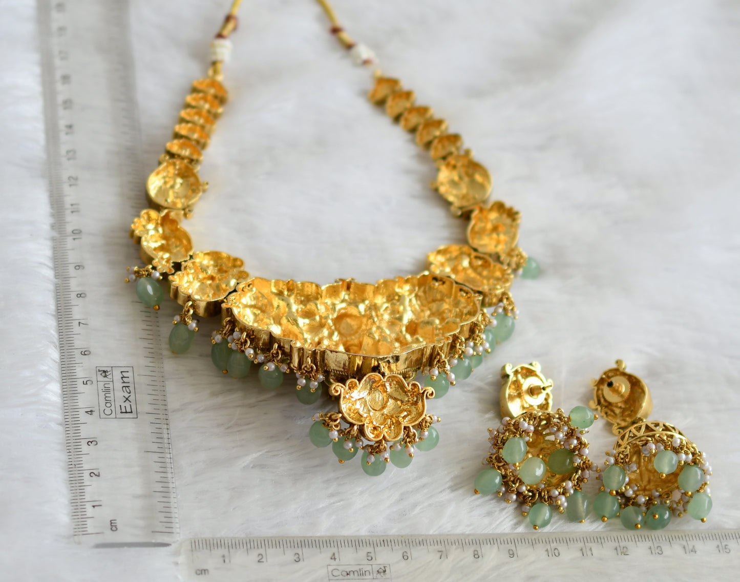 Antique gold tone pink-green kundan jadau sea green beaded lakshmi peacock elephant necklace set dj-49907