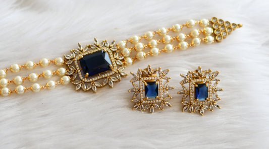 Matte finish royal blue-white block stone pearl victorian choker set dj-44567