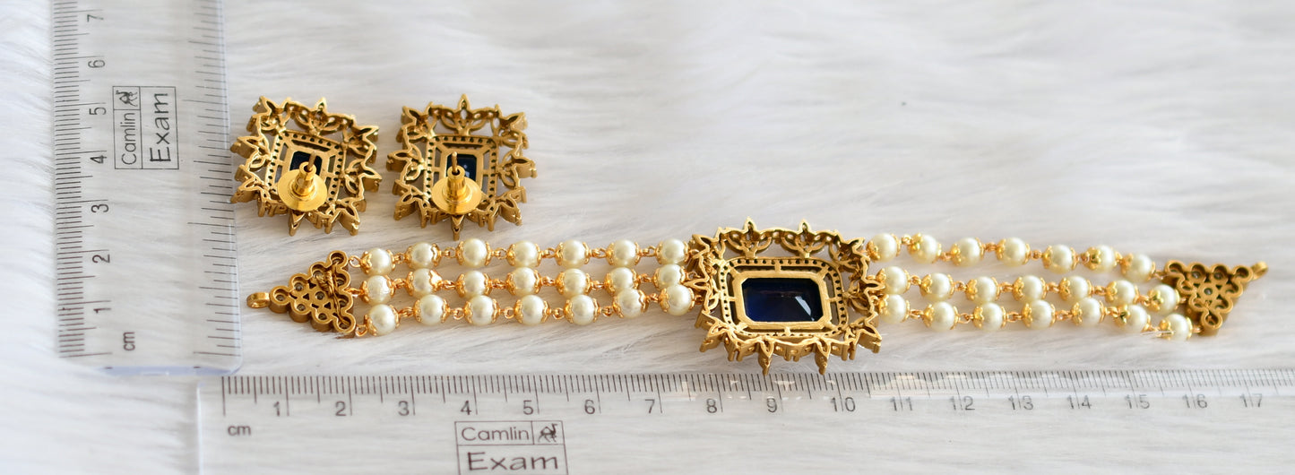 Matte finish royal blue-white block stone pearl victorian choker set dj-44567