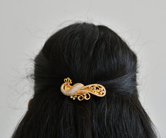 Gold tone Cz Ruby-emerald Peacock Hair Clip- DJ13531