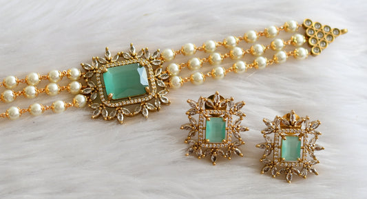 Matte finish sea green-white block stone pearl victorian choker set dj-44564