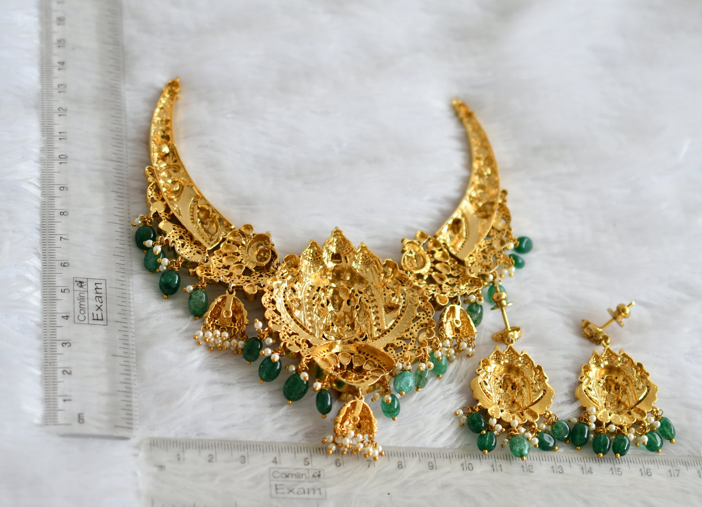 Antique gold tone cz pink-green kundan jadau green beaded lakshmi-peacock-elephant necklace set dj-49908