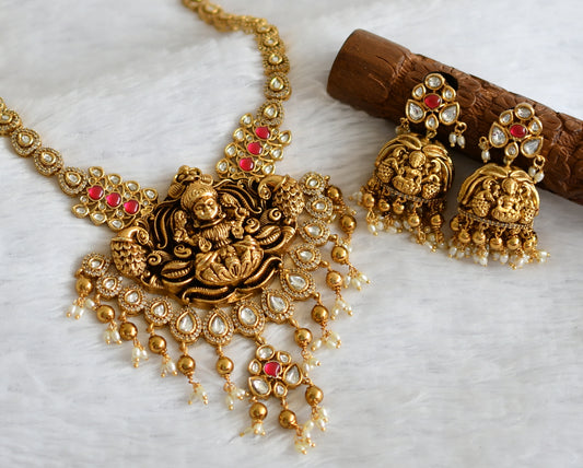 Antique gold tone pink-white stone lakshmi peacock necklace set dj-49909