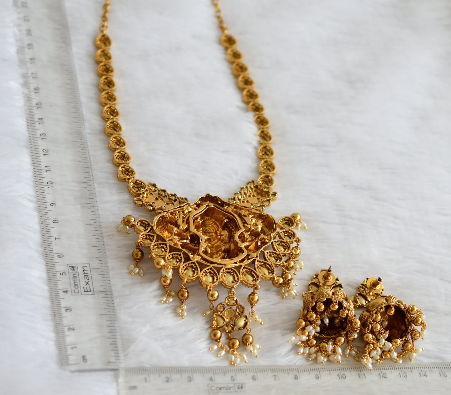 Antique gold tone pink-white stone lakshmi peacock necklace set dj-49909