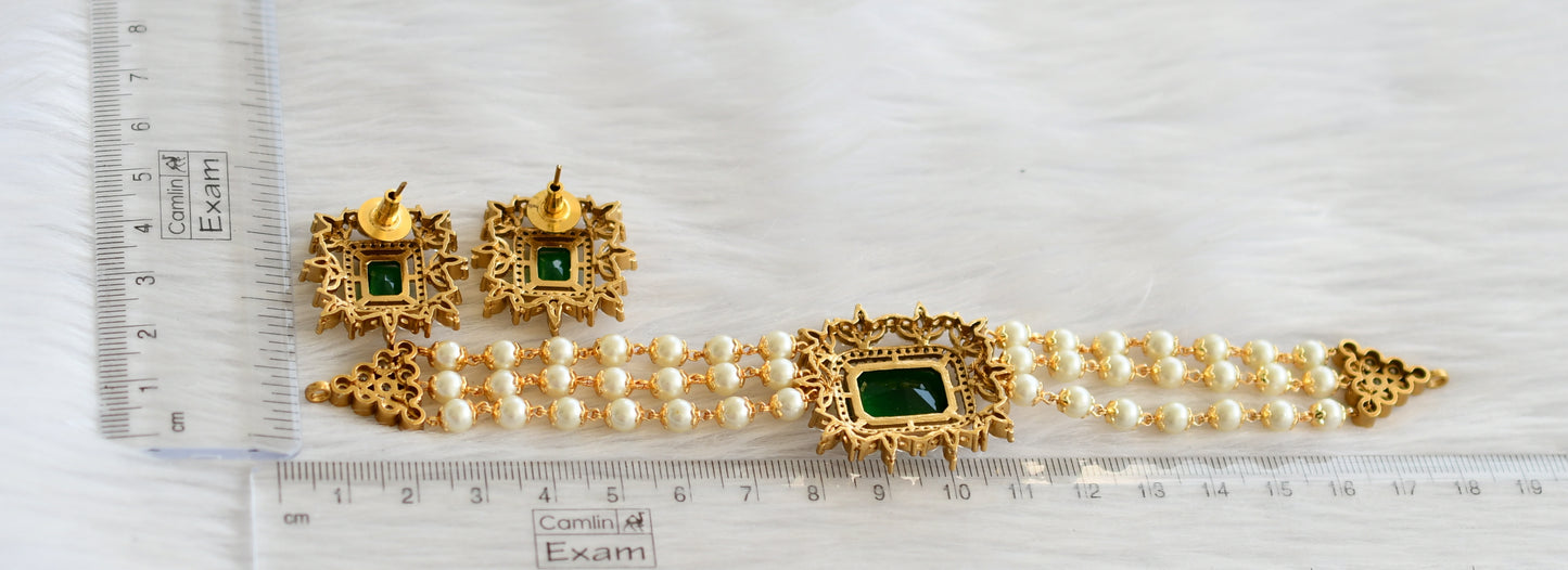 Matte finish green-white block stone pearl victorian choker set dj-44566
