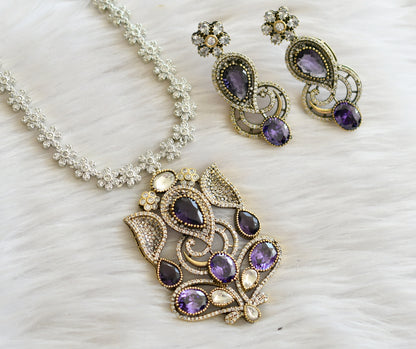 Silver tone cz purple-white ganesha victorian necklace set dj-44587
