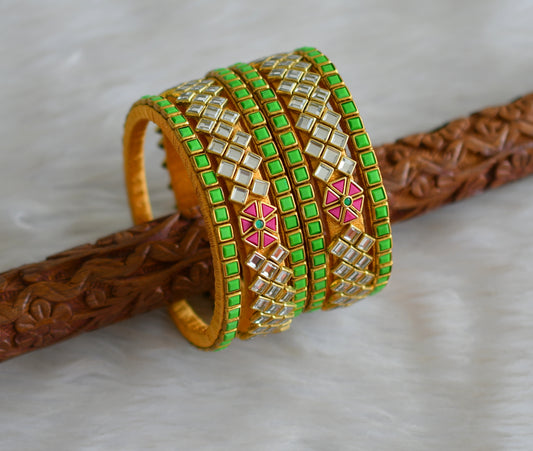 Silk gold color thread pink-green-white kundan set of 6 Bangles(2.8) dj-38635