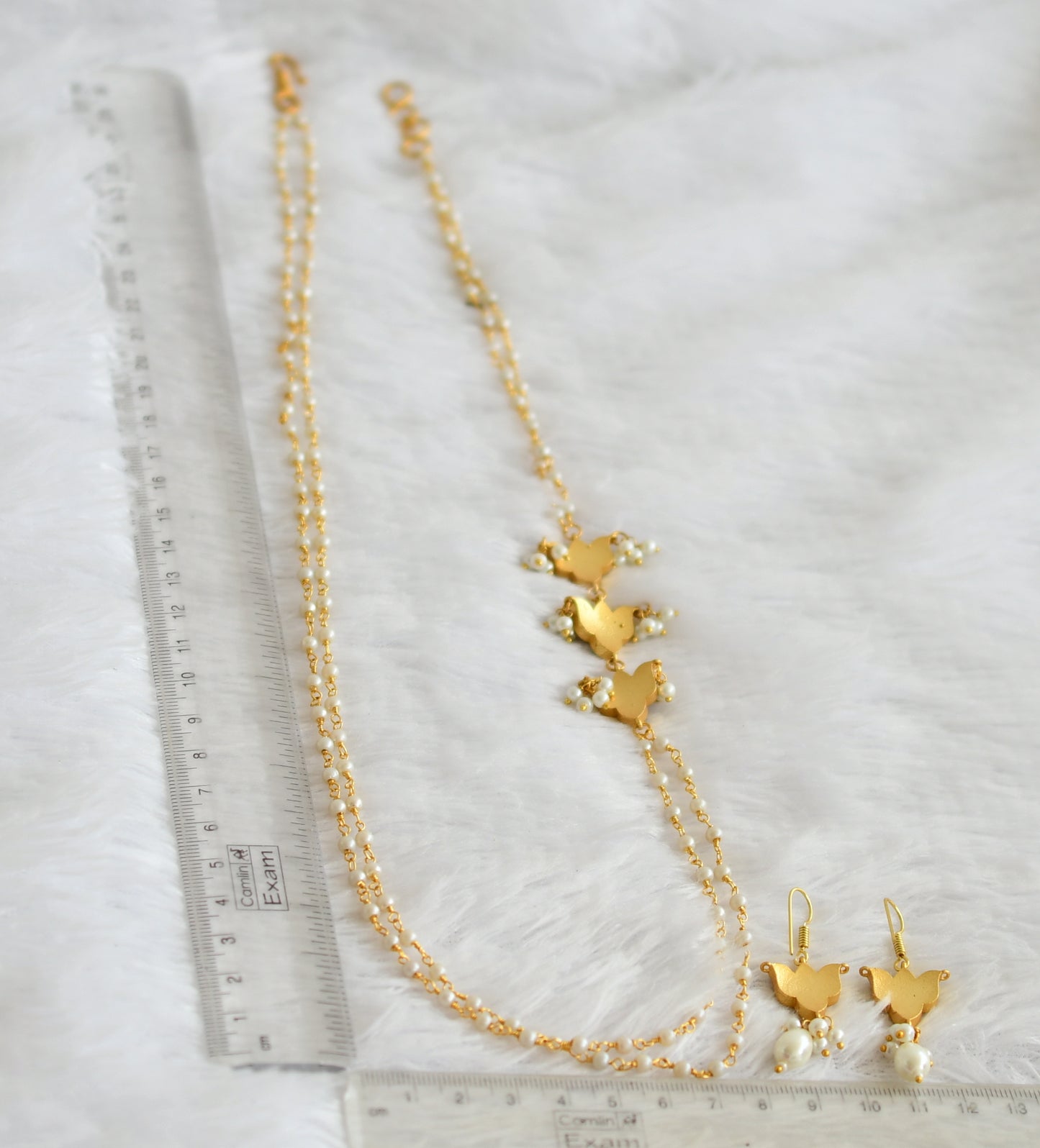 Gold tone pink green kundan jadau lotus pearl mugappu chain set dj-49912