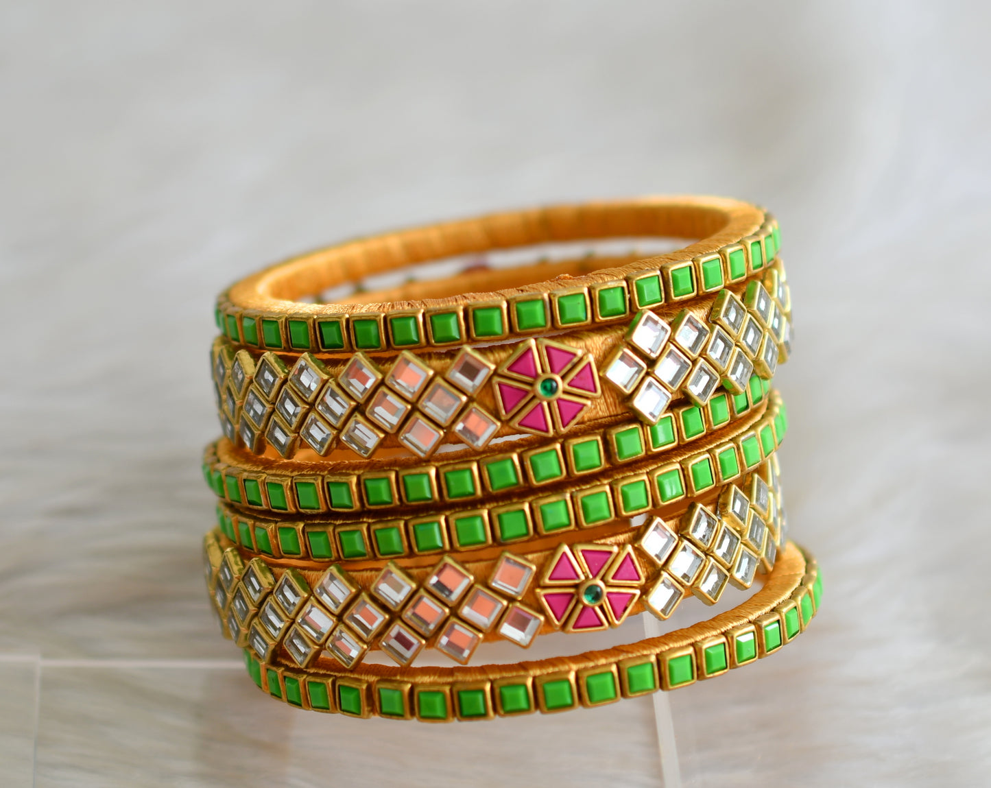 Silk gold color thread pink-green-white kundan set of 6 Bangles(2.8) dj-38635