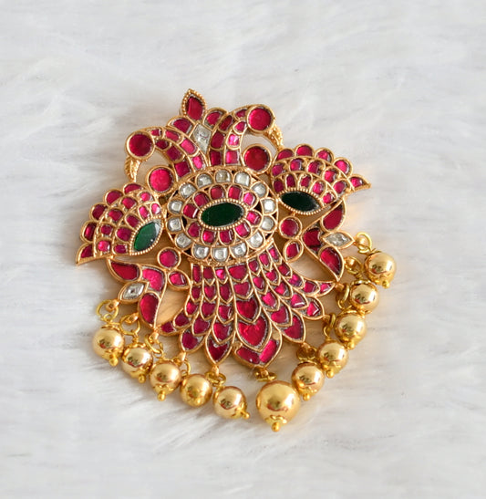 Gold tone pink-green-white kundan jadau Gandaberunda pendant dj-49914