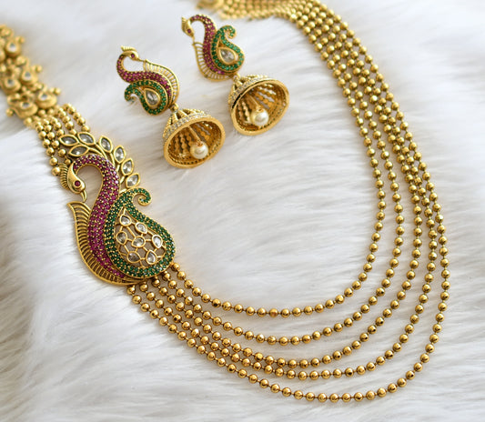 Matte finish ruby-green-white multi layer peacock mugappu haar set dj-44585