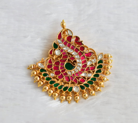 Gold tone pink-green-white kundan jadau peacock pendant dj-49913