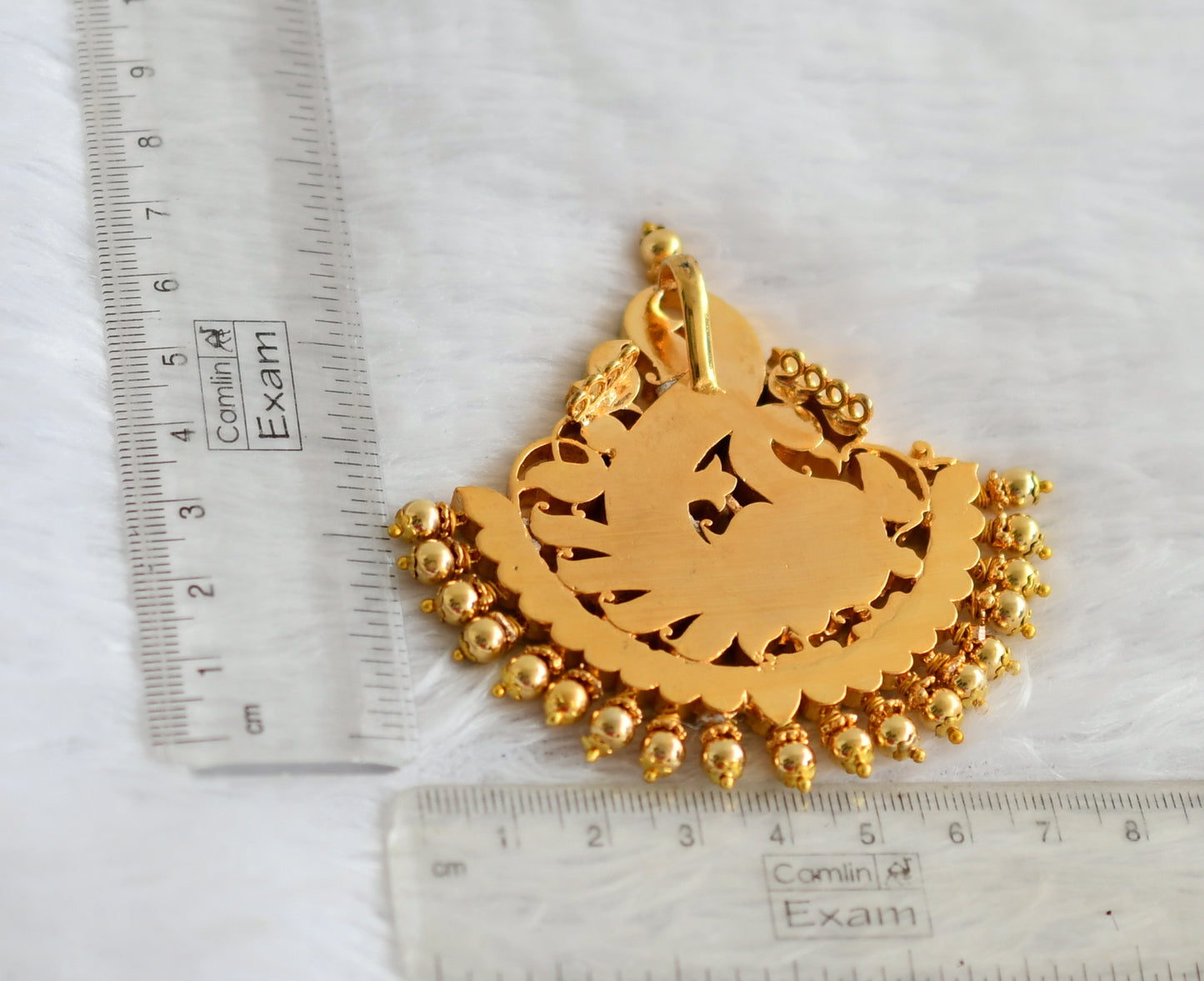 Gold tone pink-green-white kundan jadau peacock pendant dj-49913