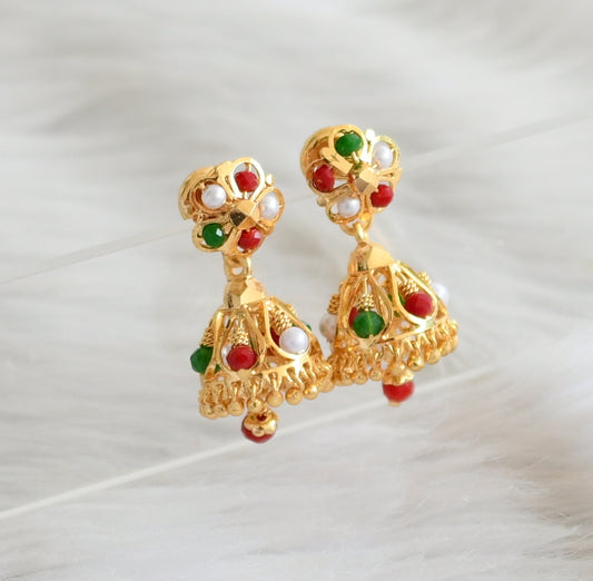 Gold tone coral-green-pearl beaded kerala style flower jhumkka dj-44613