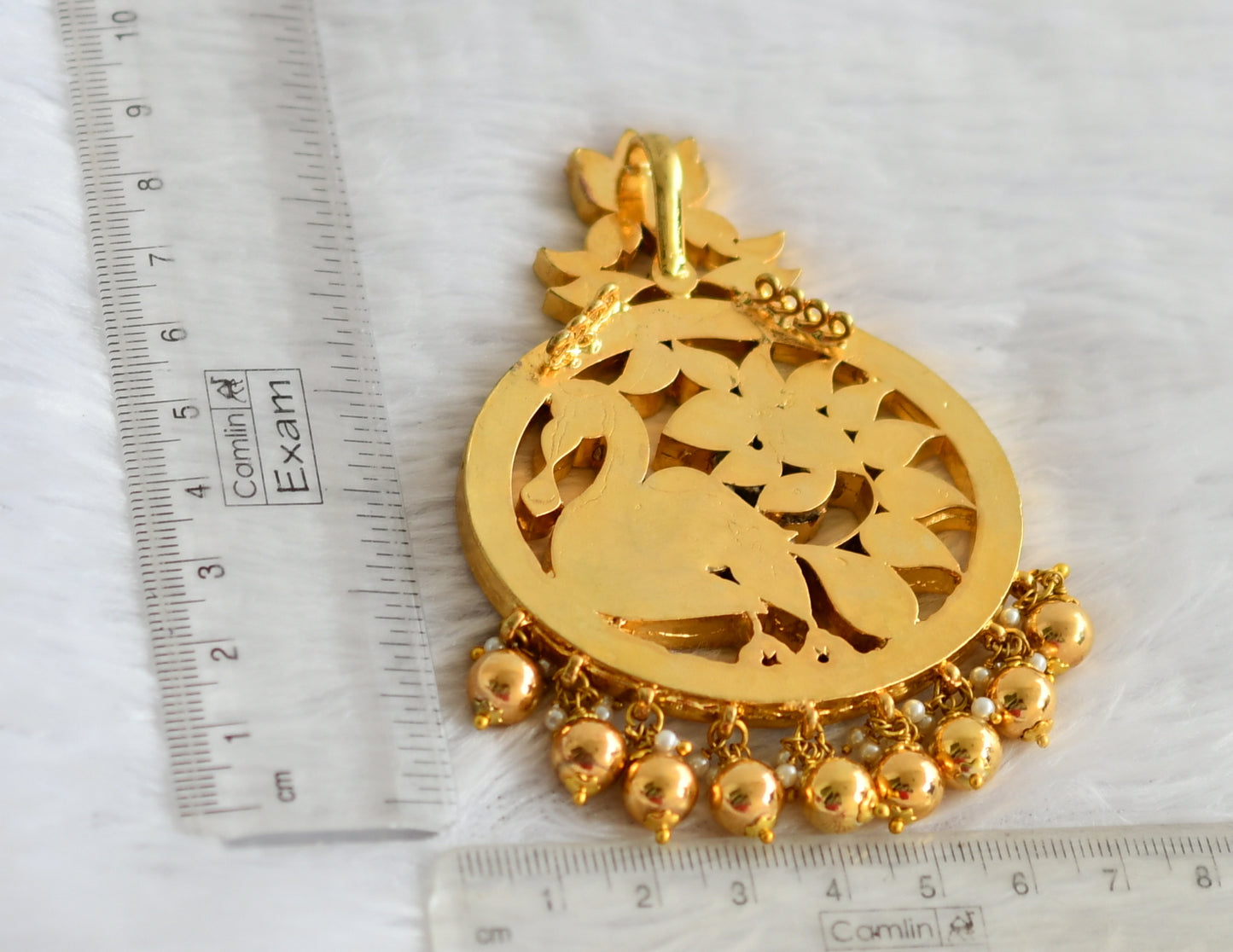 Gold look alike pink-green-white kundan jadau peacock pendant dj-49916