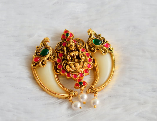 Antique gold tone red-green tiger nail lakshmi peacock kundan jadau pendant dj-49922