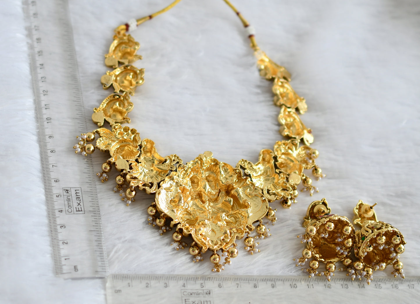 Antique gold tone pink-green kundan jadau radha-krishna peacock mango necklace set dj-49904