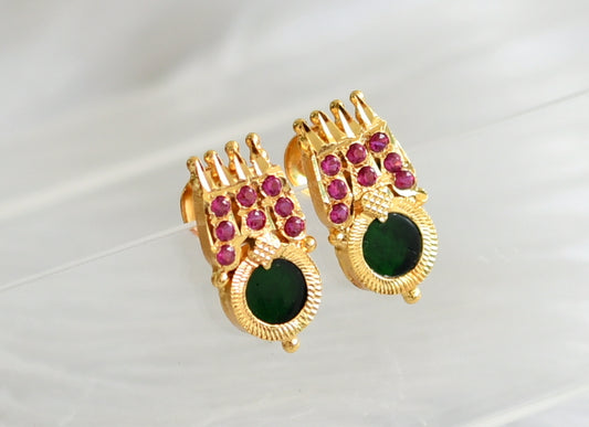 Gold tone pink-green kerala style round earrings dj-44611