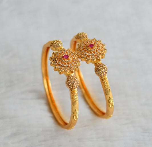 Gold tone cz-ruby stone flower kada type bangles(2.8) dj-49930
