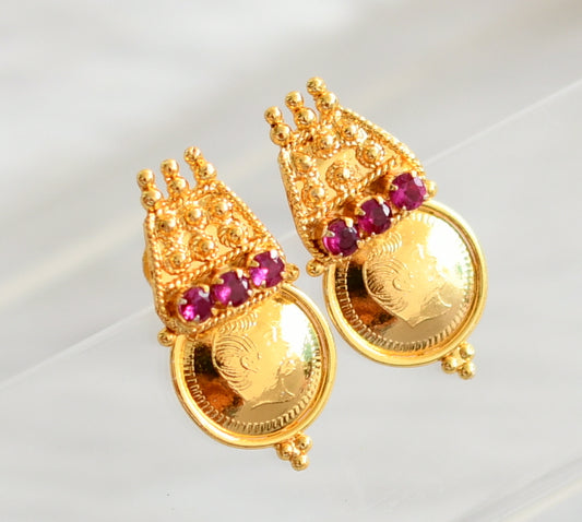 Gold tone pink stone head coin earrings dj-44607