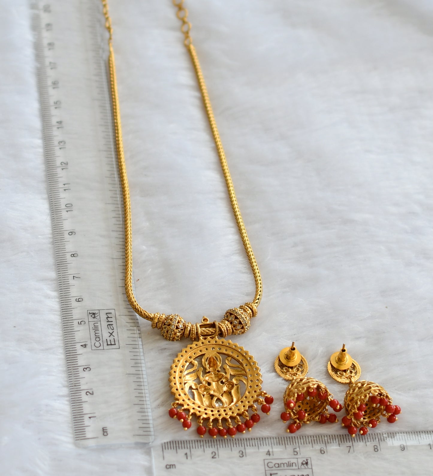 Matte finish coral  bead white stone lakshmi necklace set dj-46393