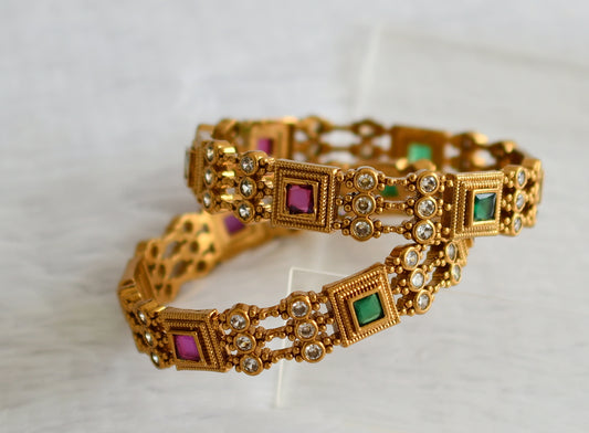 Matte finish ruby-green-white block stone bangles(2.8) dj-49994