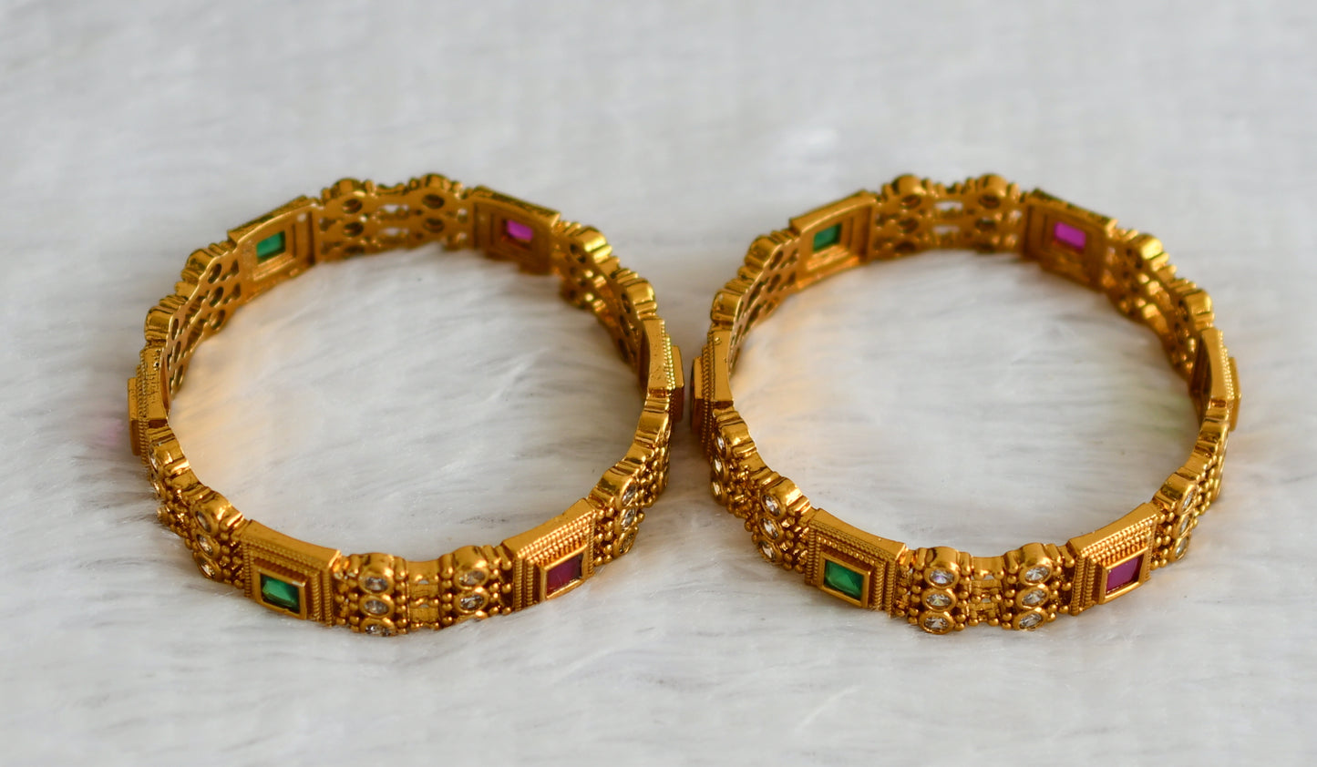 Matte finish ruby-green-white block stone bangles(2.8) dj-49994