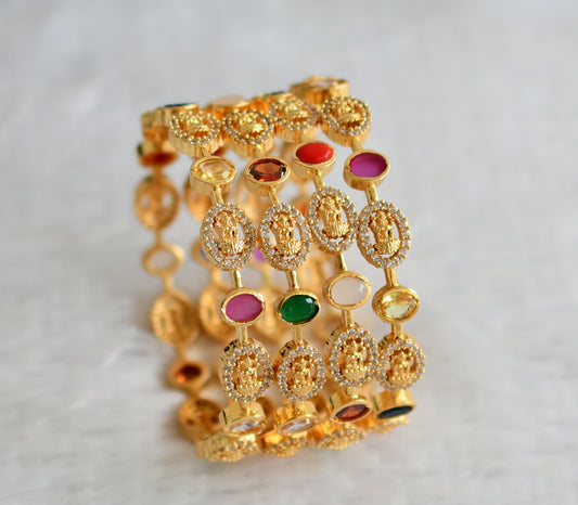 Gold tone cz-navarathna oval stone lakshmi set of 4 bangles(2.8) dj-49965