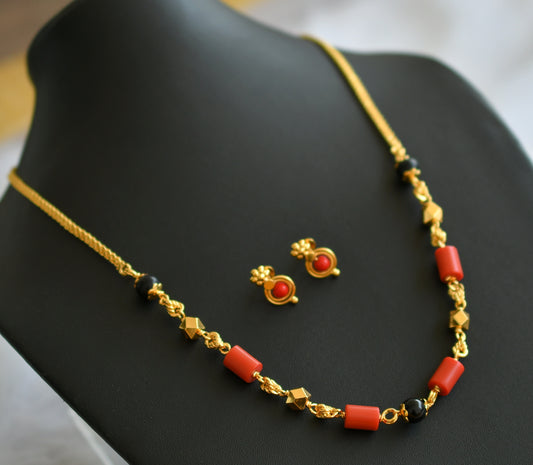 Gold tone coral-black beaded necklace set dj-46400