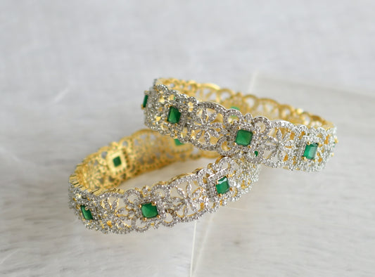 Two tone cz-emerald block stone flower bangles(2.8) dj-49968